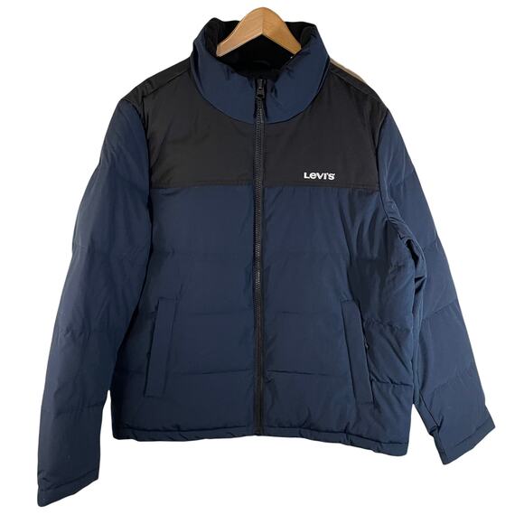 NWT Levi’s Men's Colorblock Stand Collar Quilted Puffer Jacket Blue Size Large - Picture 1 of 11